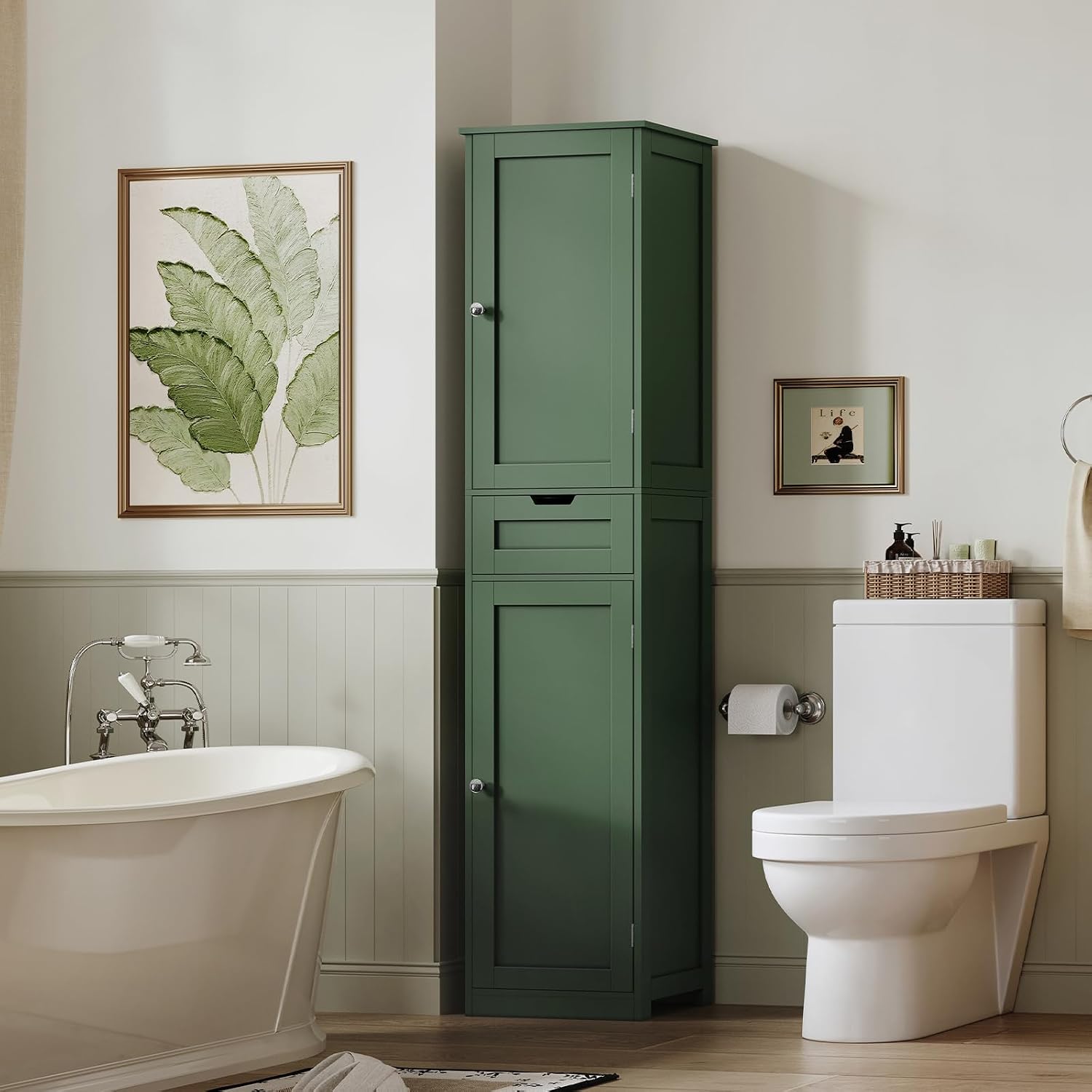 Detalle 2 de FIONESO Tall Bathroom Cabinet, 67-inch Green Floor Cabinet with Drawer and Adjustable Shelves