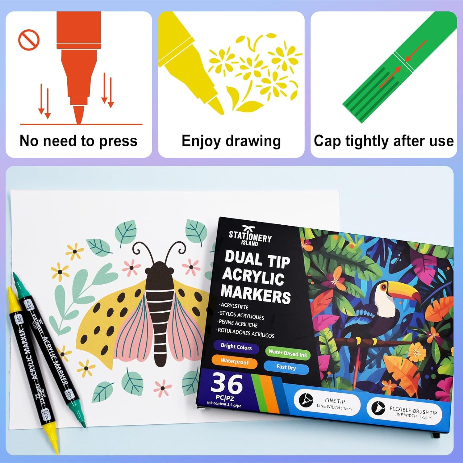 Thumbnail 5 de STATIONERY ISLAND Feutre Acrylique – Ensemble 36 couleurs, double pointe (fine et pinceau) pour roche, tissu, bois, verre et papier