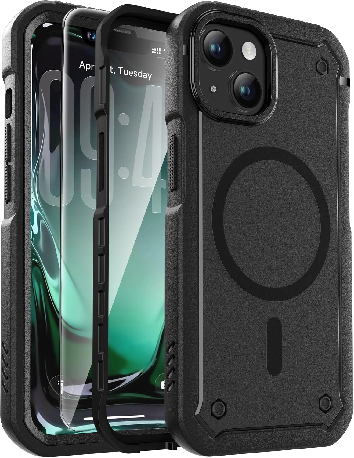 Detalle de ORETECH Magnetic Case for iPhone 14 with 2x 9H Tempered Glass Screen Protectors – 360° Rugged Black