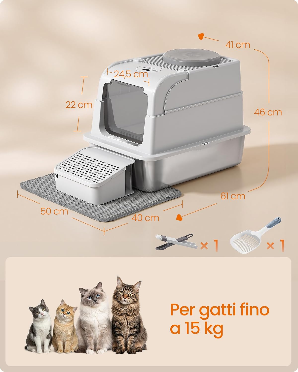 Detalle de Feandrea Lettiera per Gatti in Acciaio Inox con Coperchio: lettiera chiusa, 2 ingressi e kit completo
