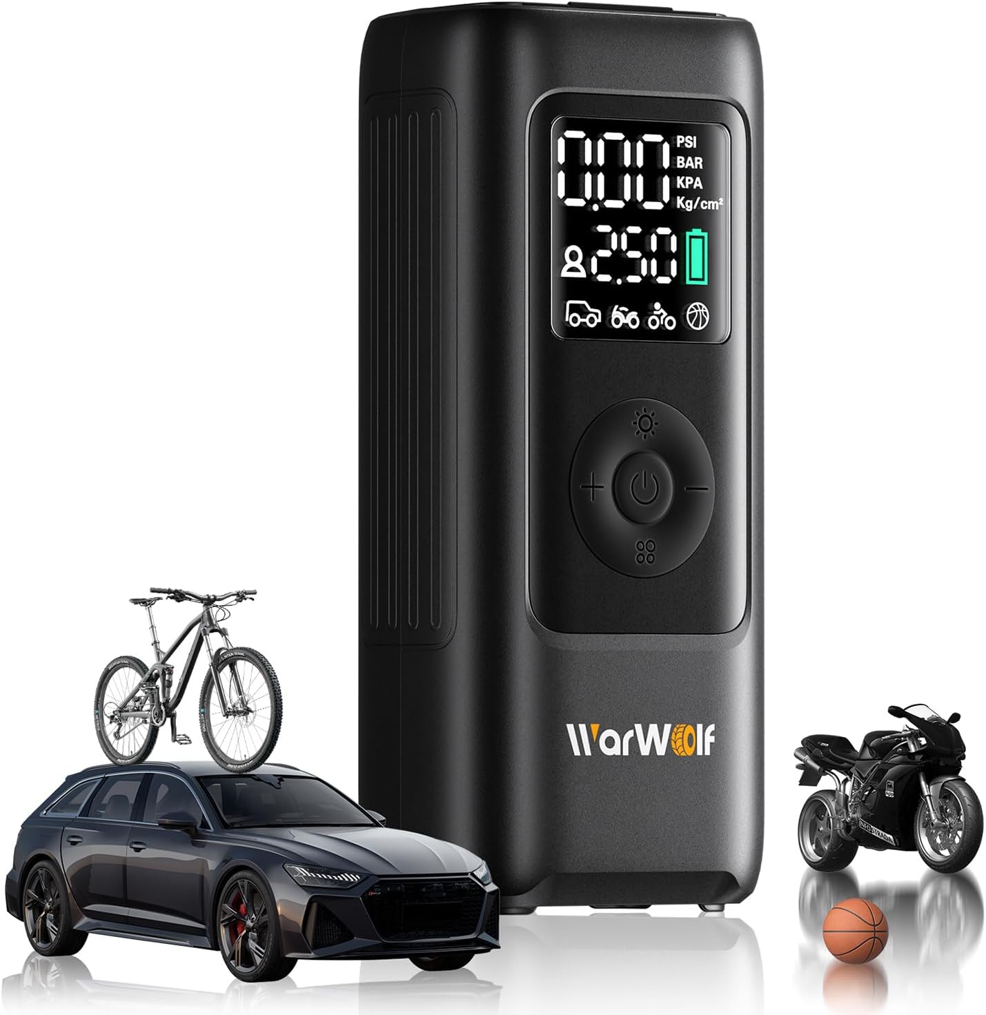 Detalle de WarWolf 160PSI Portable Tire Inflator (Dual 12V DC) with Pressure Gauge, LED Light & Auto Shut-Off