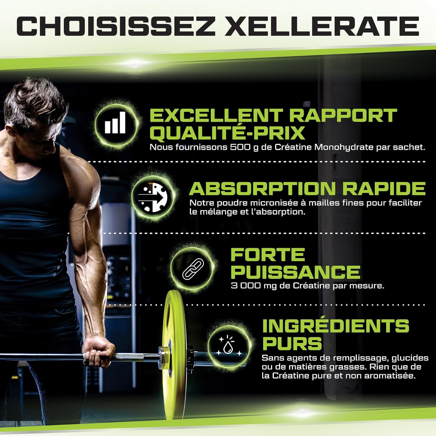 Thumbnail 2 de Xellerate Nutrition Créatine Monohydrate 500 g - poudre micronisée 📋