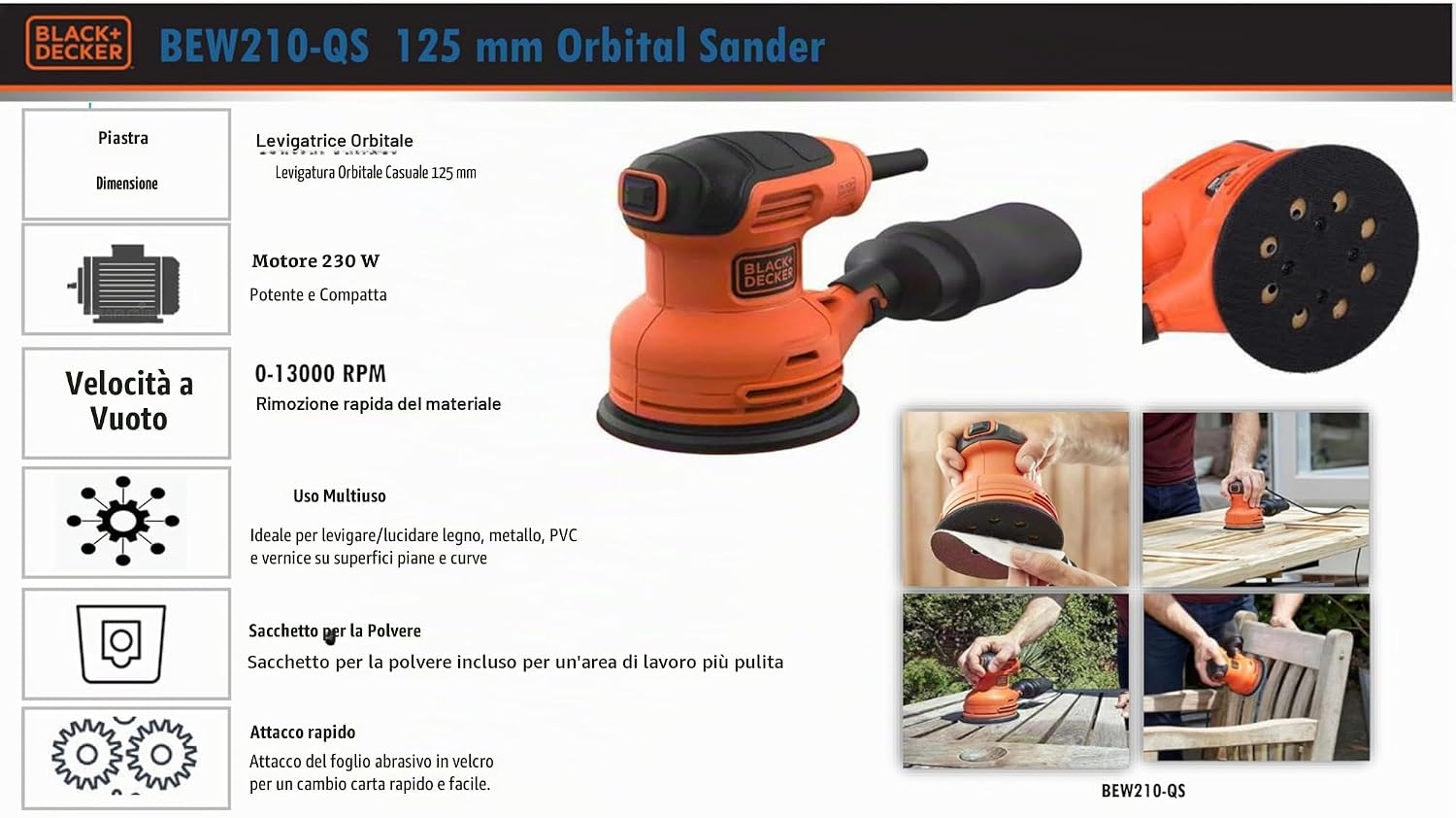 Detalle de BLACK+DECKER BEW210-QS: Levigatrice roto orbitale 230W per finiture precise su legno, metallo e vernice
