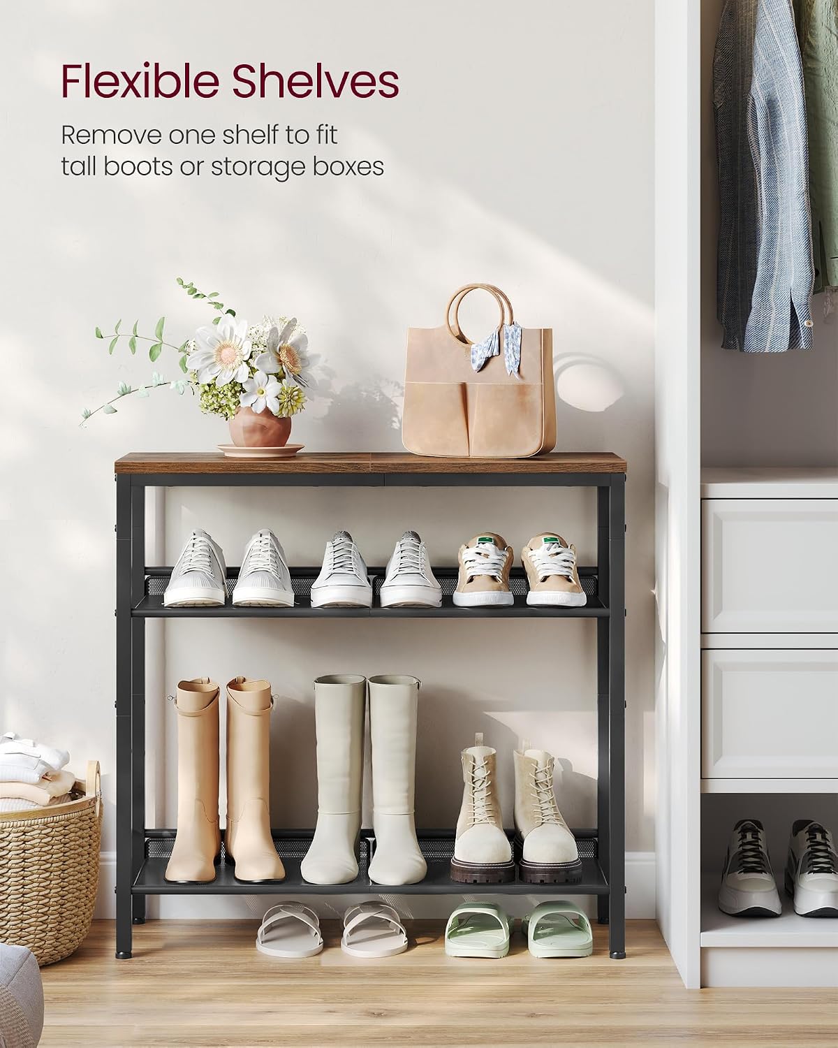 Detalle de VASAGLE Dacey LBS040B01 4-Tier Shoe Rack, Adjustable Mesh Shelves