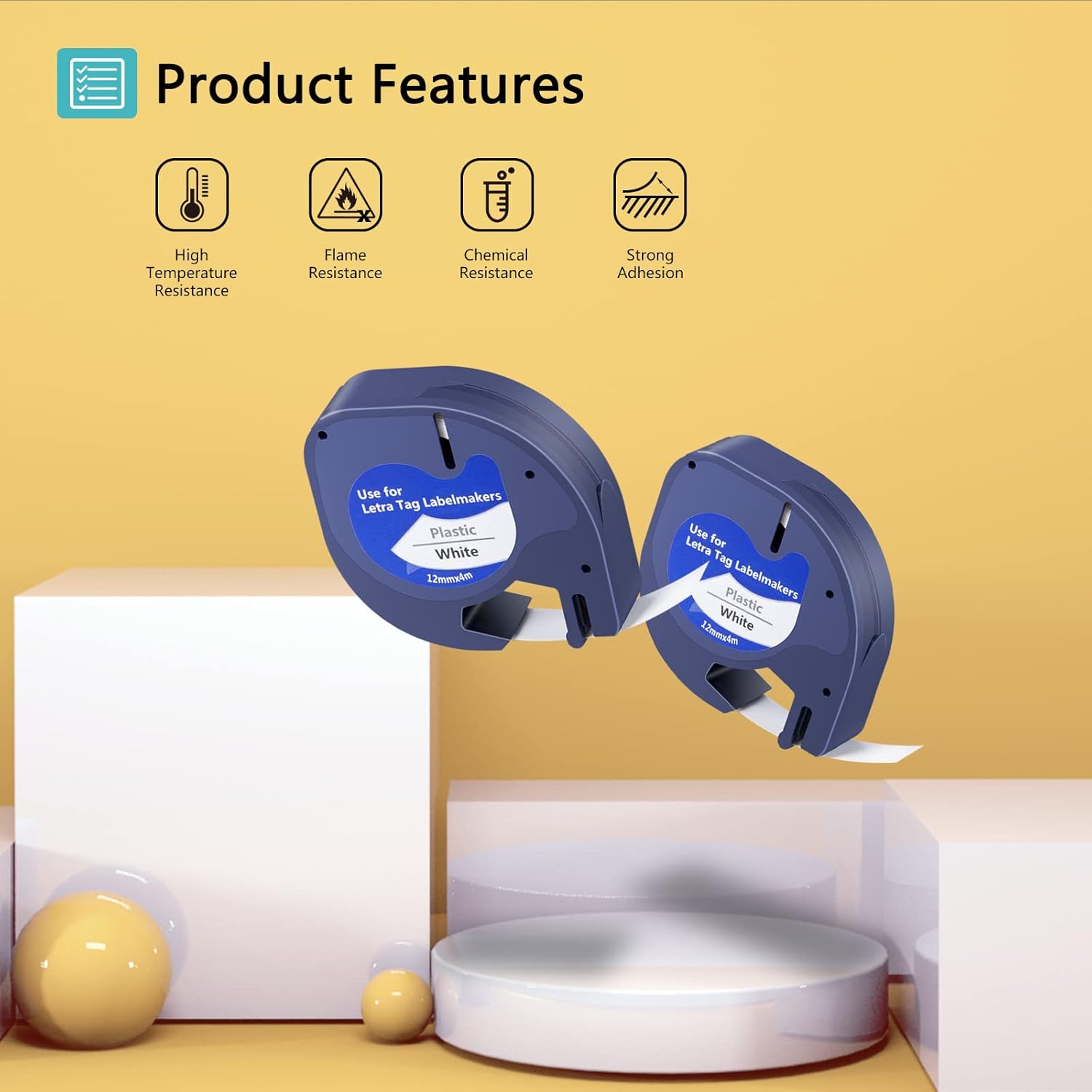 Thumbnail 1 de 6er Pack Hehua LetraTag Etikettenband S0721660: 12 mm x 4 m, schwarz auf weiß (kompatibel für Dymo Letratag)