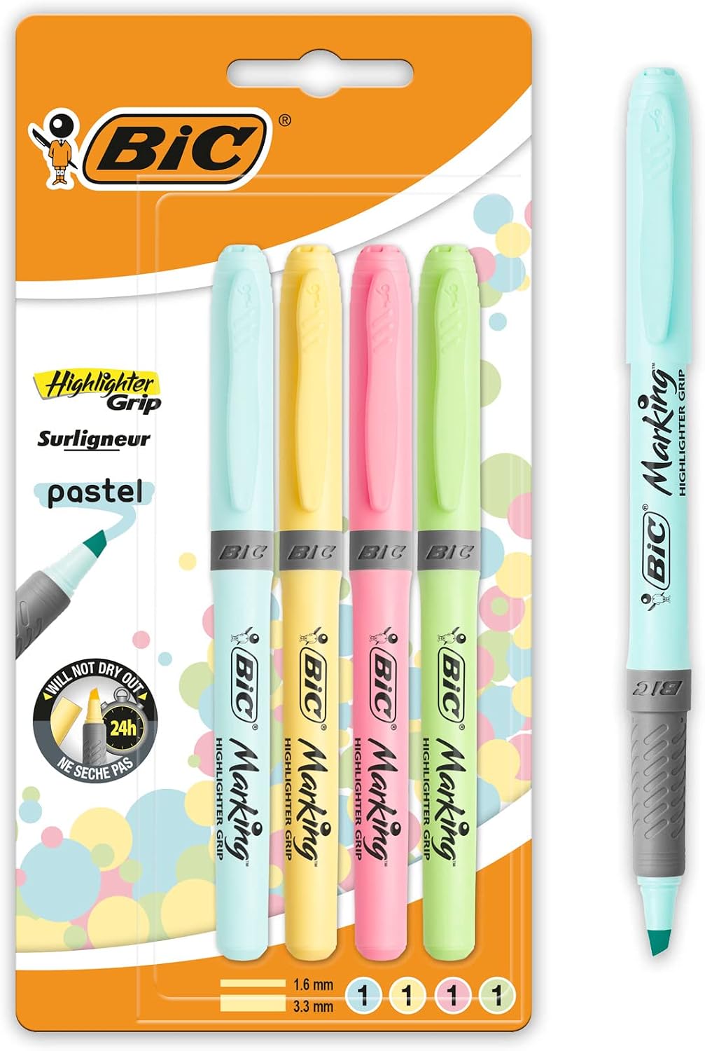 Thumbnail 5 de BIC Highlighter Grip with Ribbed Rubber Grip – 12 Pack (Intense & Pastel Colours)