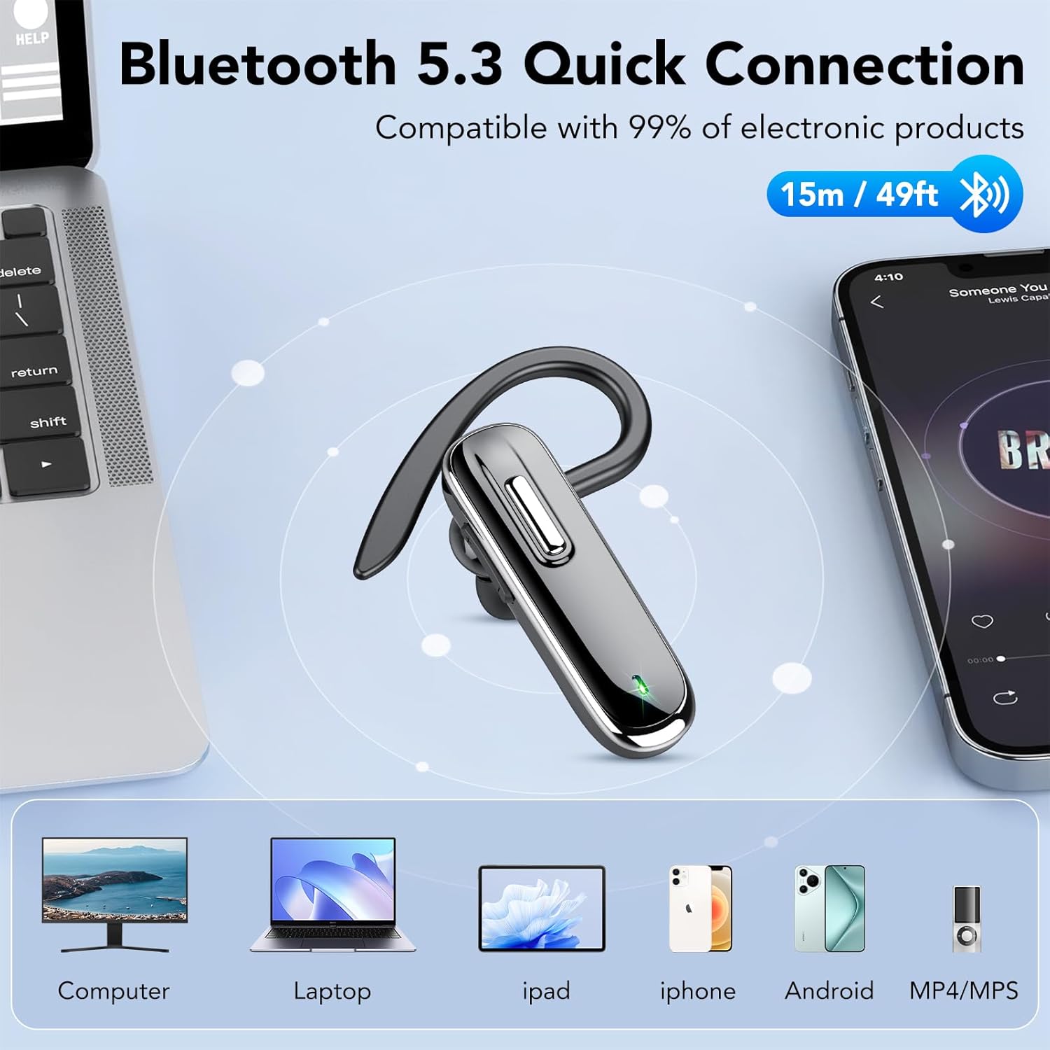 Thumbnail 5 de Cuffie Bluetooth con microfono LED CVC8.0 e custodia di ricarica (vivavoce, 100 ore) per iOS, Android e laptop