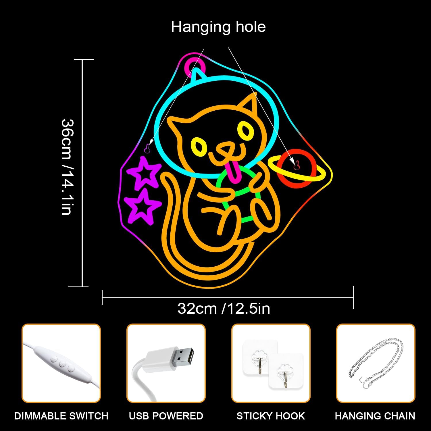 Detalle de ineonlife Astronaut Milk Tea Cat neon sign (dimmable, USB powered) for wall decor