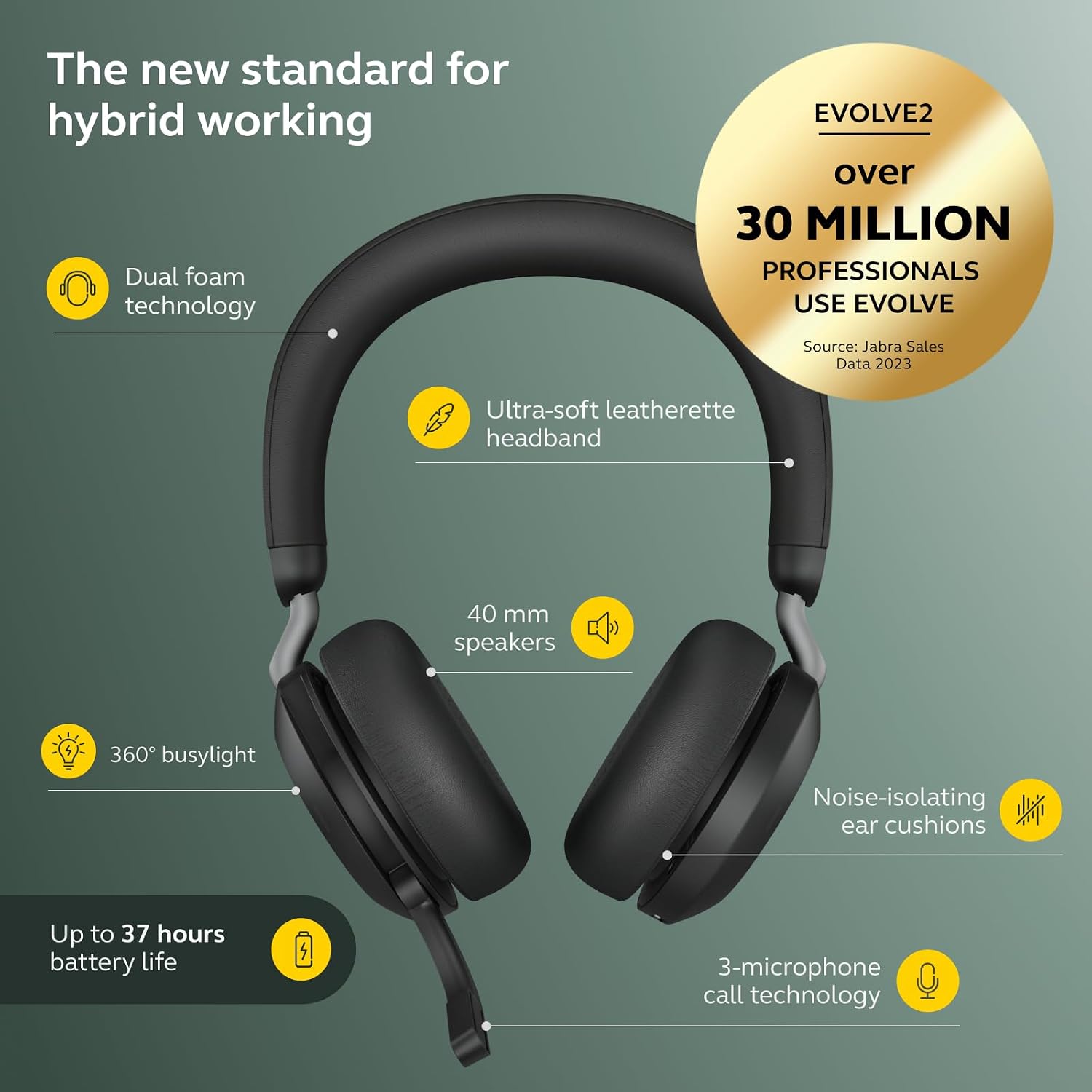 Detalle de Jabra Evolve2 65 Wireless PC Headset with Charging Stand — MS Teams Certified, Noise Cancelling, 37h Battery
