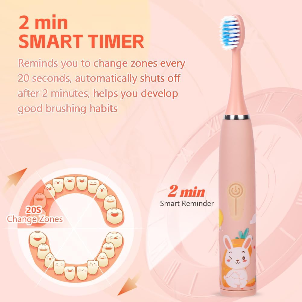 Detalle de Vicloon Kids Electric Toothbrush (Pink) – 6 Replaceable Heads, 4 Modes, 18000 Strokes, IPX6, 2-Minute Timer