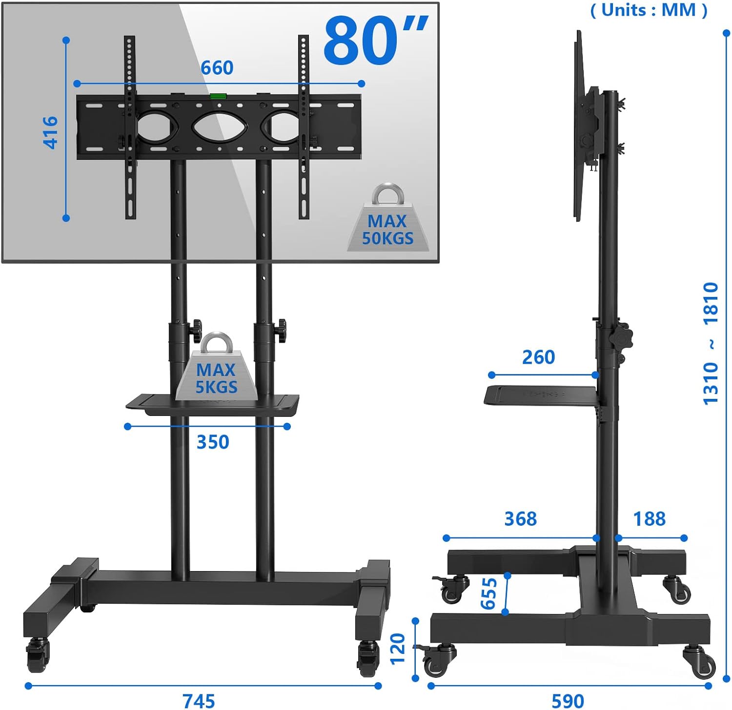 Thumbnail 3 de RFIVER Tall Mobile TV Stand on Wheels (131–181cm), Height Adjustable & Tiltable for 32–80 inch TVs