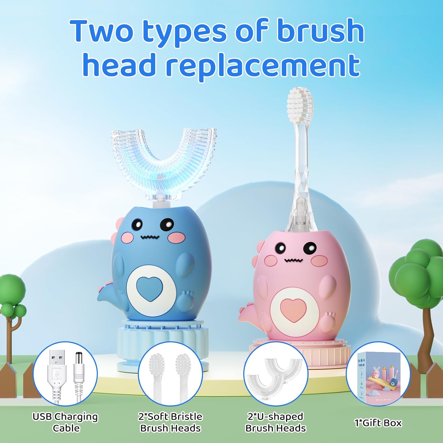 Detalle de Lwalaneng Kids U Shaped Electric Toothbrush with 3 Cleaning Modes and 4 Brush Heads