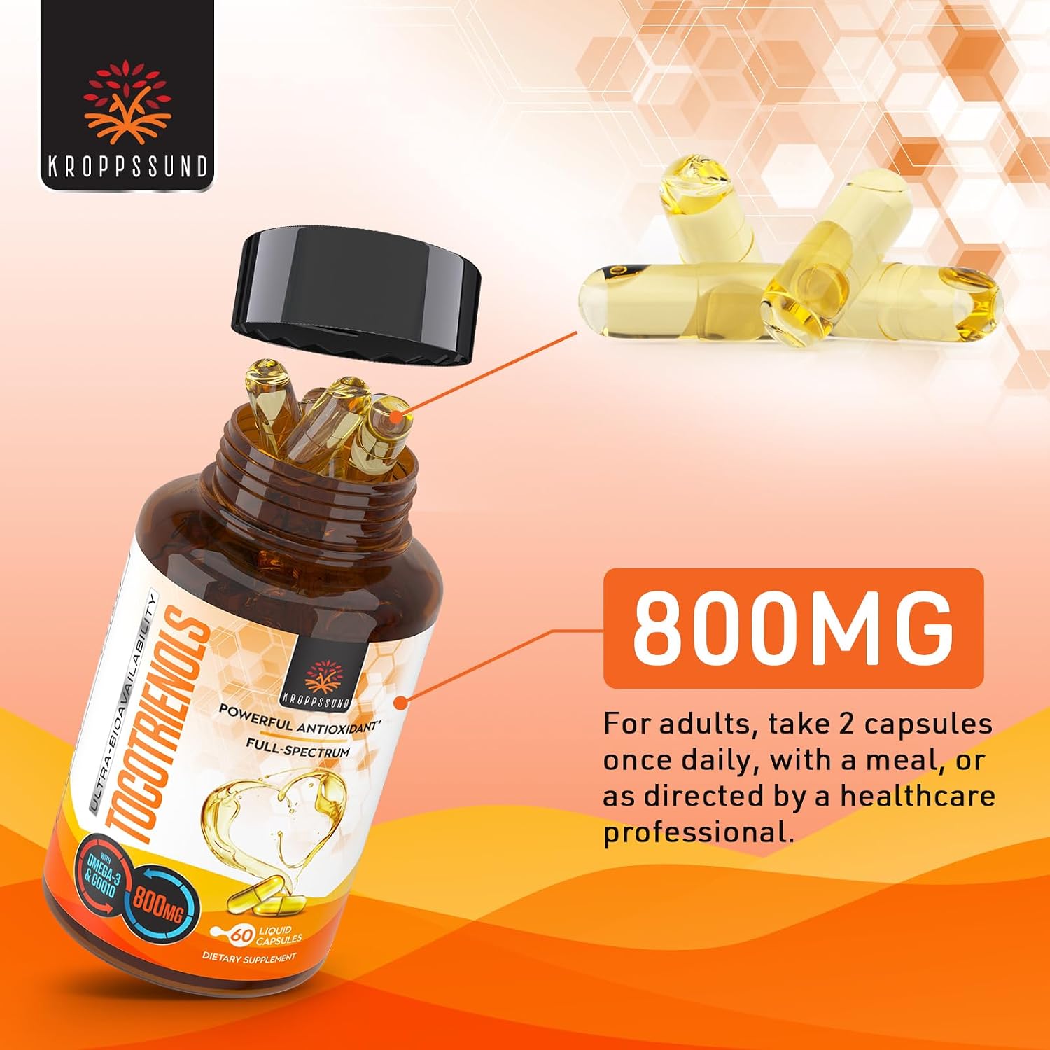 Detalle 2 de Kroppssund Tocotrienols 800 mg Supplement with CoQ10, 120 Liquid Capsules