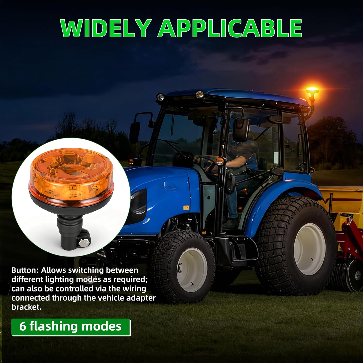 Detalle de Yuanjoy LED Beacon Light Orange Warning Light 12V-24V DC — 6 Flash Patterns, IP67, 360° Coverage