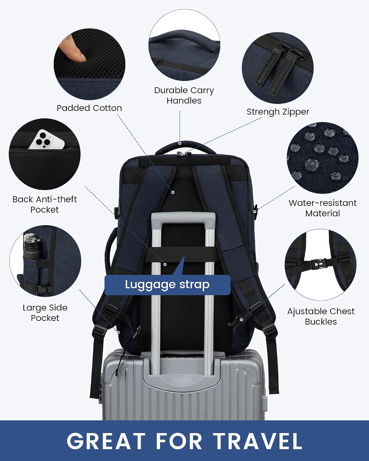Detalle de LOVEVOOK Zaino da Viaggio 40L: zaino cabin bag impermeabile con scomparto laptop 17,3" e cinturella bagagli