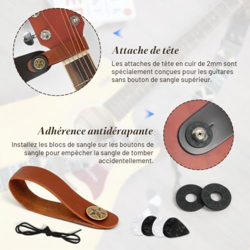 Detalle 1 de Sangle de Guitare Aucuu Sangle Guitare Jacquard avec Extrémités en Cuir — Réglable, Vintage Brodé