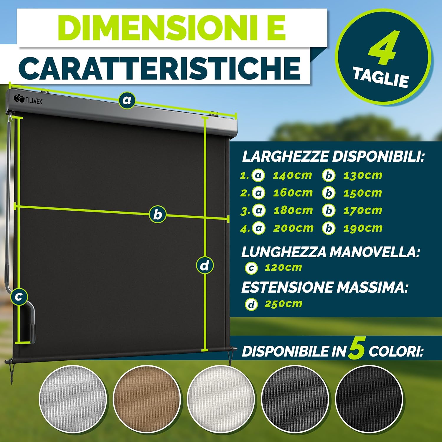 Detalle 2 de tillvex Tenda da sole verticale 140 x 250 cm Nero – impermeabile, con manovella, per balcone e giardino