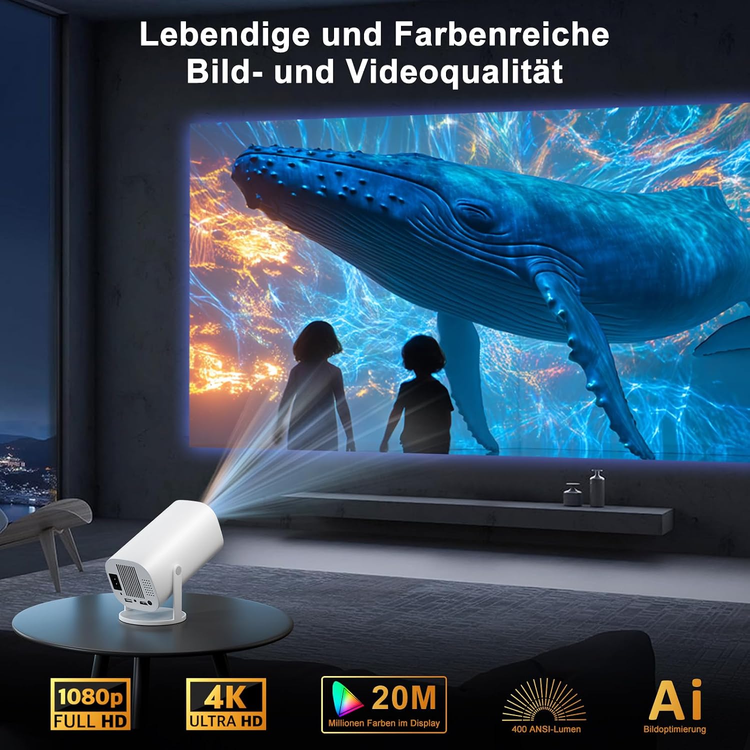 Detalle de Mini Beamer – Smart Projektor Full HD 1080P mit WiFi 6, Bluetooth 5.2 und Android-TV