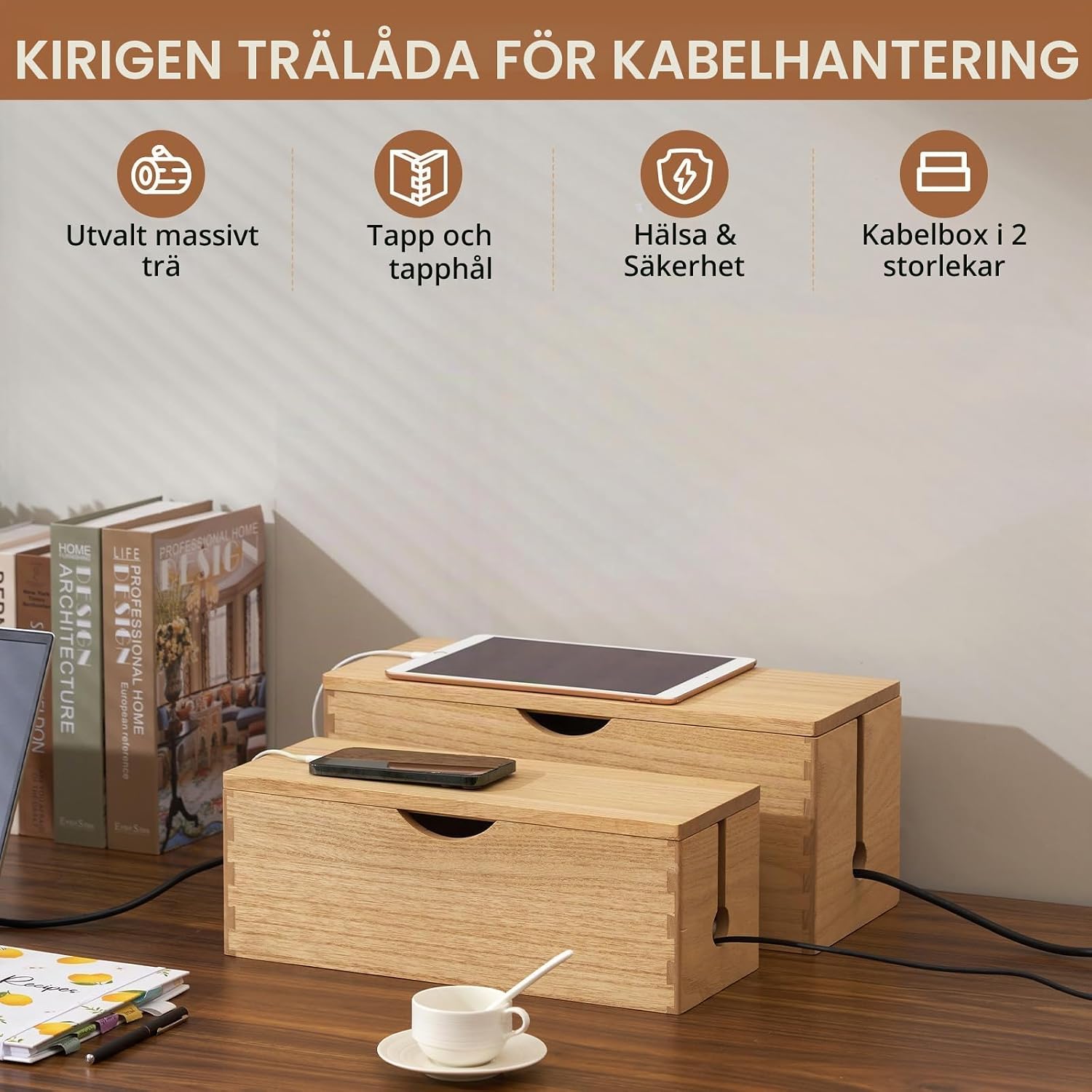 Detalle 2 de KIRIGEN kabelbox i massivt Paulowniaträ, 2-pack i natur