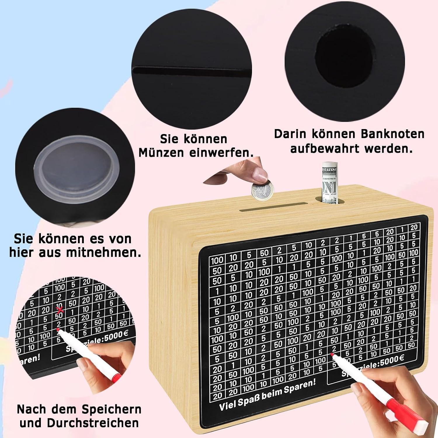 Detalle de Outtshop Spardose Holz: Sparbox mit Zahlen-Ankreuzungen – 500 €, 1.000 €, 2.000 €, 3.000 €, 5.000 €, 10.000 €