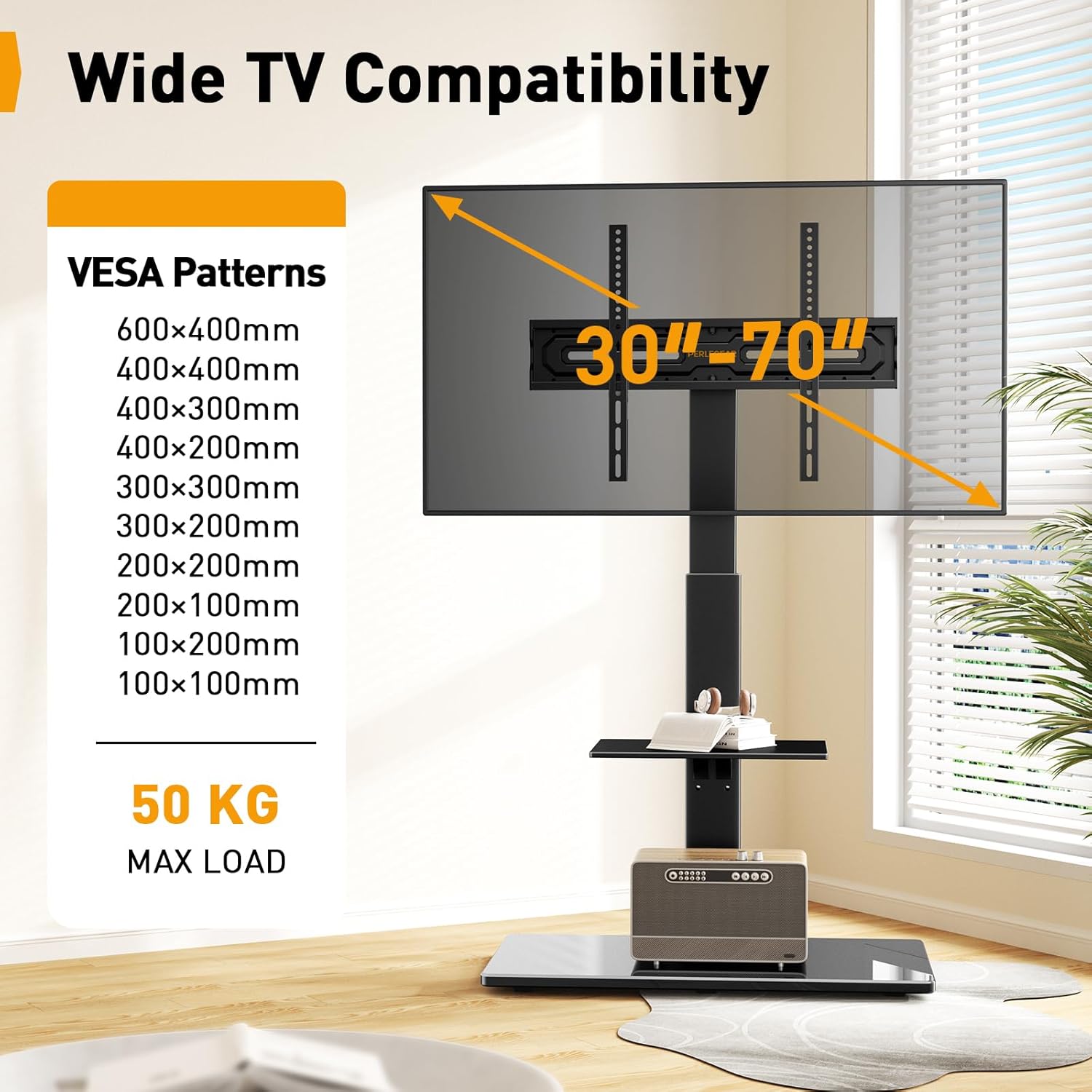 Thumbnail 1 de PERLEGEAR TV Floor Stand for 30-70 inch TVs up to 50 kg with Tilt, Swivel and Adjustable Shelf