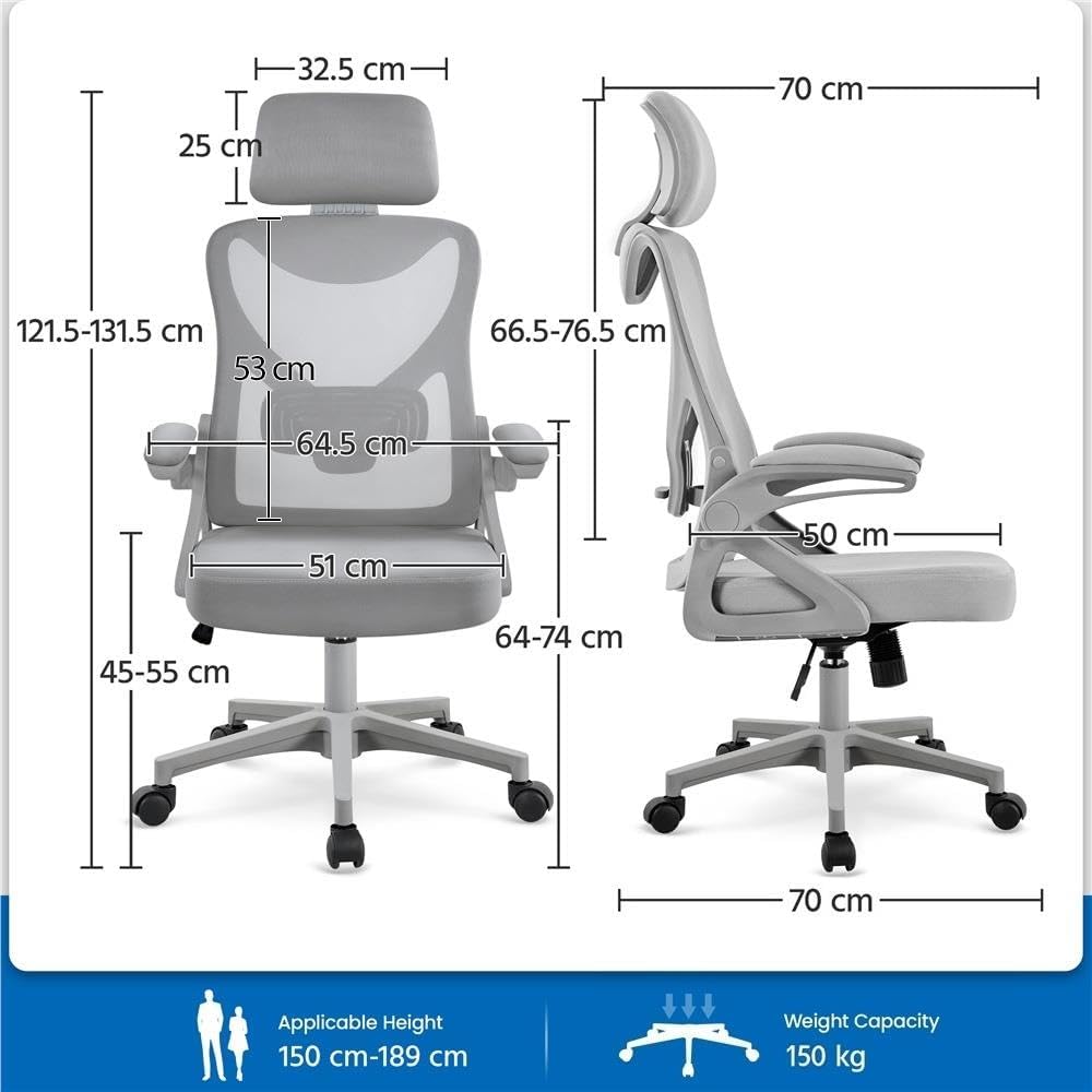 Thumbnail 2 de Yaheetech Sedia Ufficio Ergonomica con Poggiatesta Regolabile e Braccioli Pieghevoli