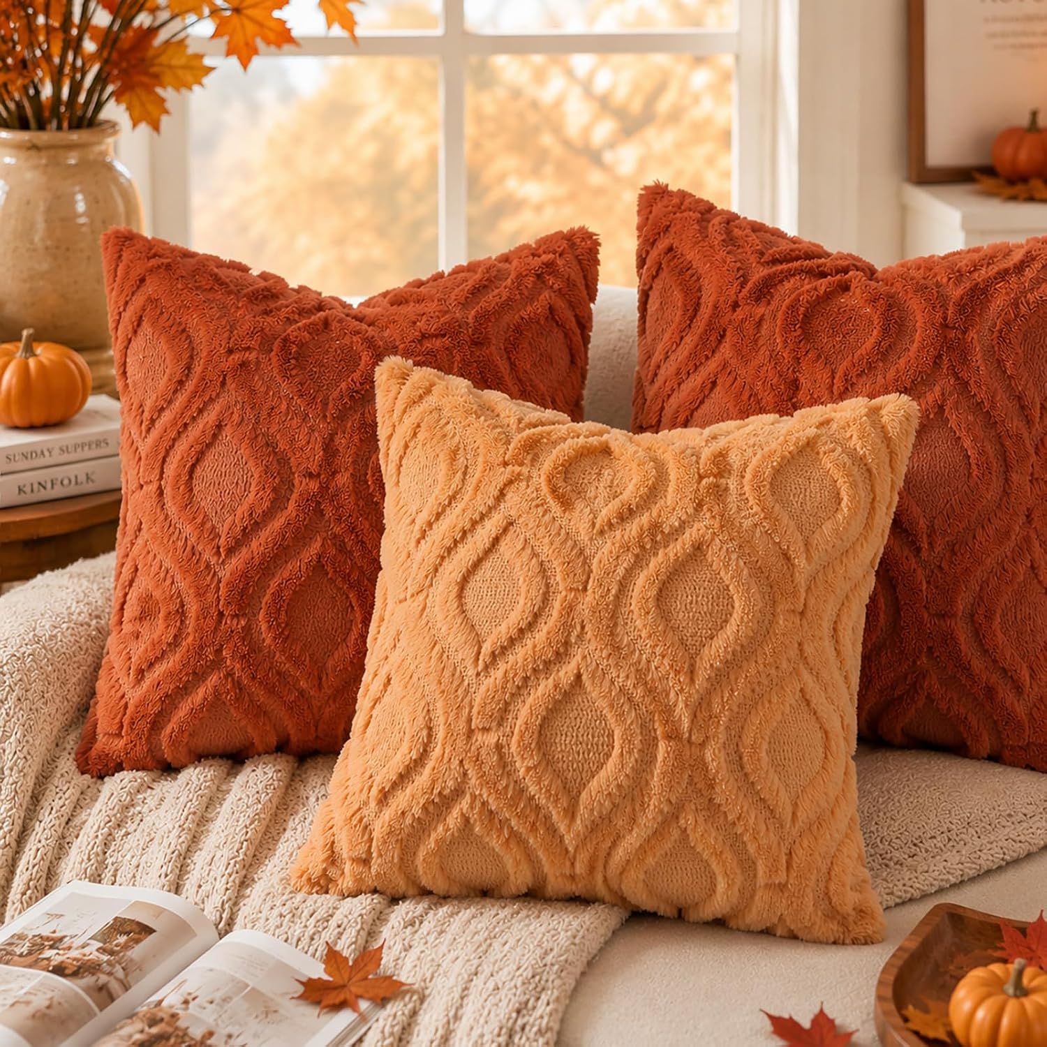 Detalle 1 de decorUhome 18x18 Faux Fur Throw Pillow Covers, Rust, Set of 2