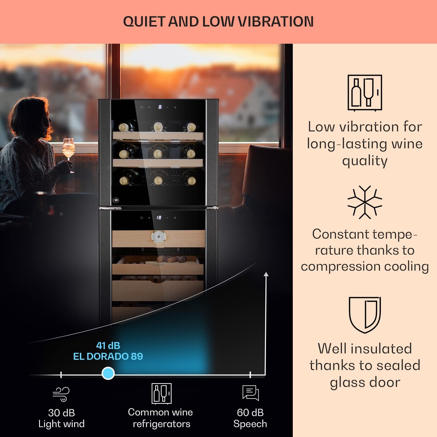 Detalle de Klarstein 89L Cigar Humidor and Wine Cooler with Glass Door and Temperature Control