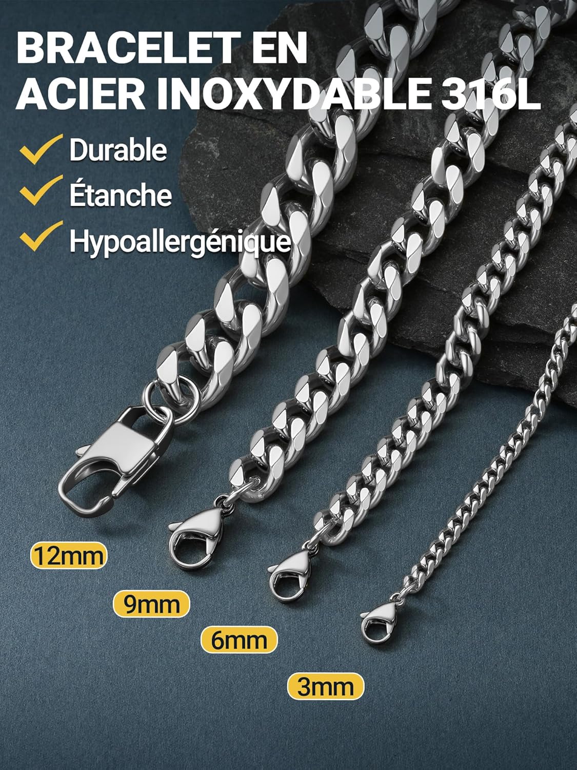 Thumbnail 5 de Bracelet gourmette PROSTEEL en maillons cubains (acier inox 316L ou plaqué or/noir) — largeurs 3,5 à 12 mm