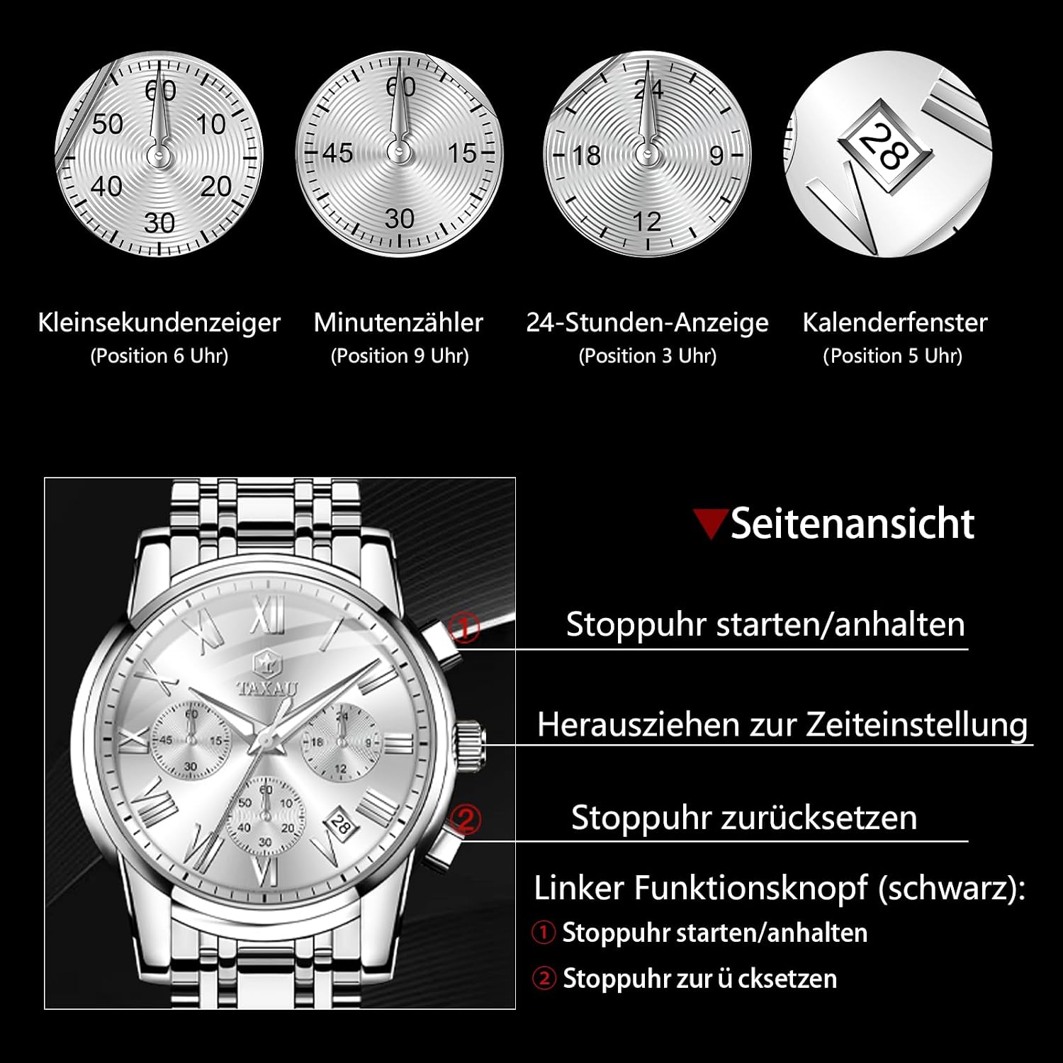 Detalle 2 de Taxau Multifunktionsuhr Herren Edelstahl Chronograph