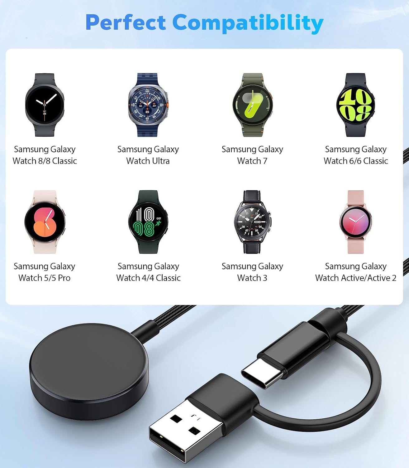 Detalle 2 de MoKo 2-in-1 Galaxy Watch Charger (2-Pack) with 3.3ft Nylon Cable and USB-C/USB-A Adapter