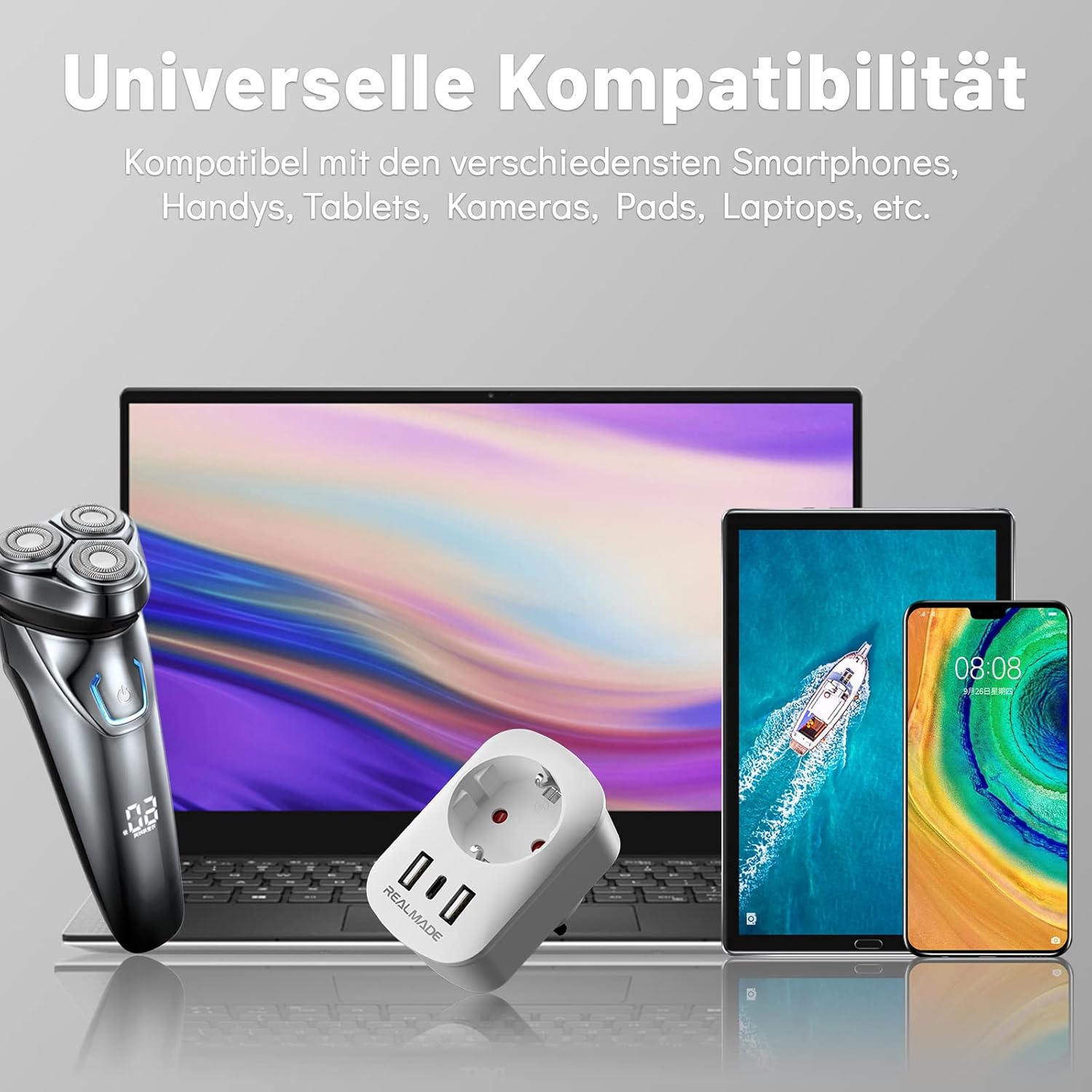 Thumbnail 6 de RealMade Reiseadapter UK auf EU mit 2× USB und 1× Typ‑C Anschluss für Großbritannien (Typ G)