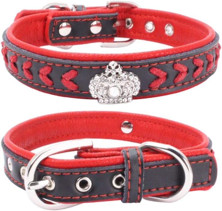 Thumbnail 6 de haoyueer Braided Soft Padded Genuine Leather Dog Collar with Rhinestone Crown (Size L, Blue)