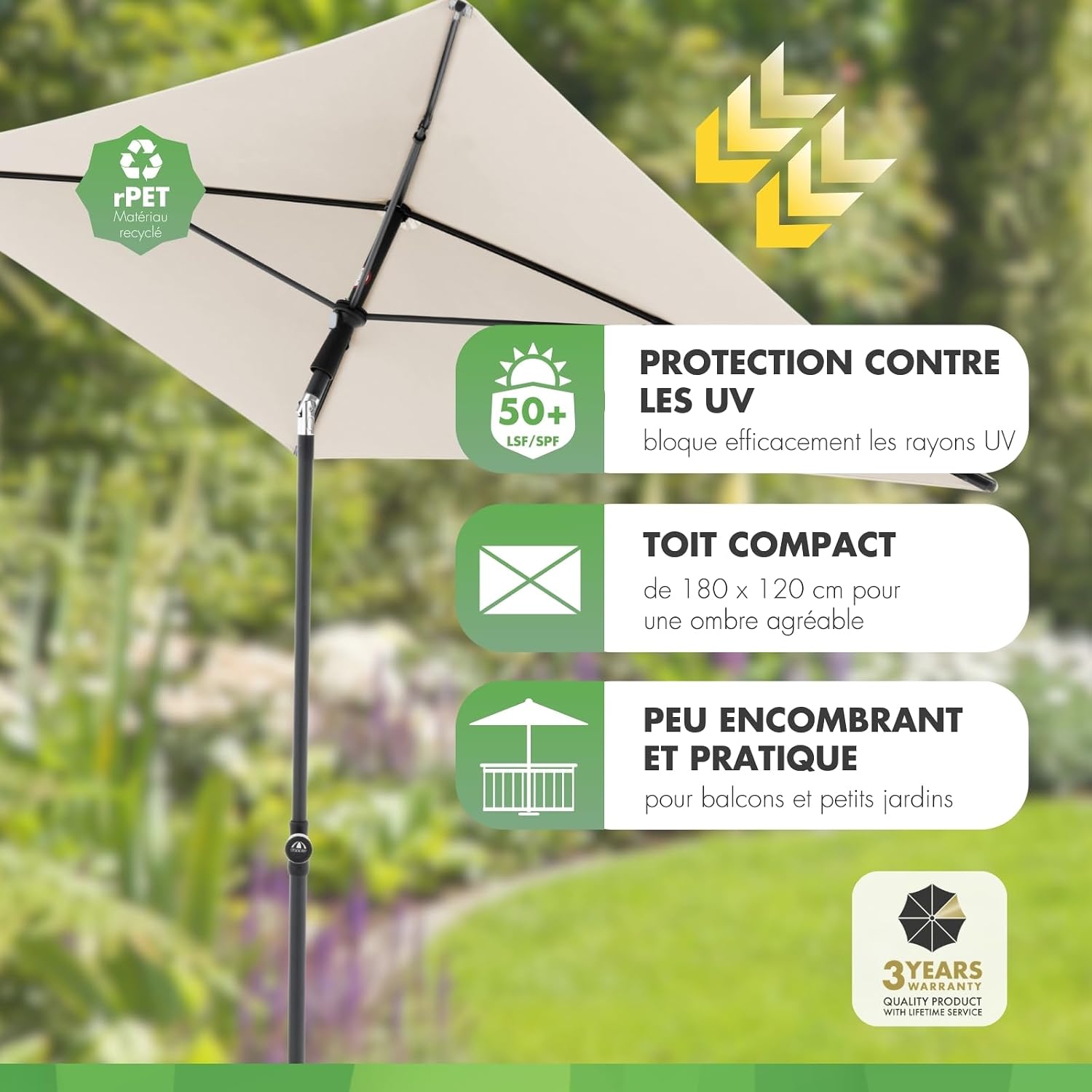 Detalle de Doppler Parasol Rethink 180x120 cm – Naturel, rectangulaire et inclinable, Housse incluse