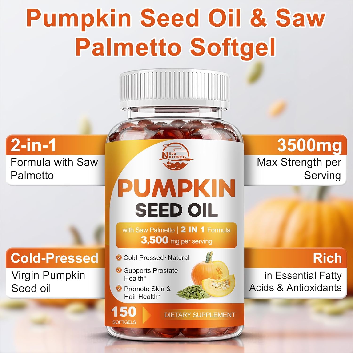Detalle 2 de Nature's live Pumpkin Seed Oil with Saw Palmetto Softgels, 3,500 mg