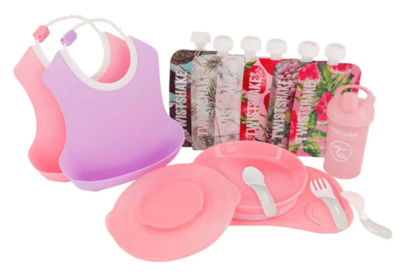 Twistshake Baberos y Vajilla Rosa para bebé: juego 4 piezas