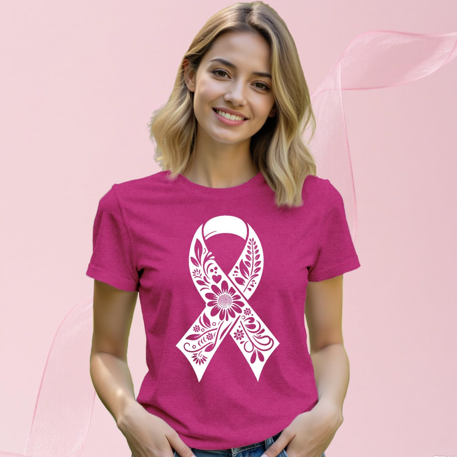 Detalle 2 de Qskall Breast Cancer Awareness T-Shirt for Women with Pink Ribbon Floral Design