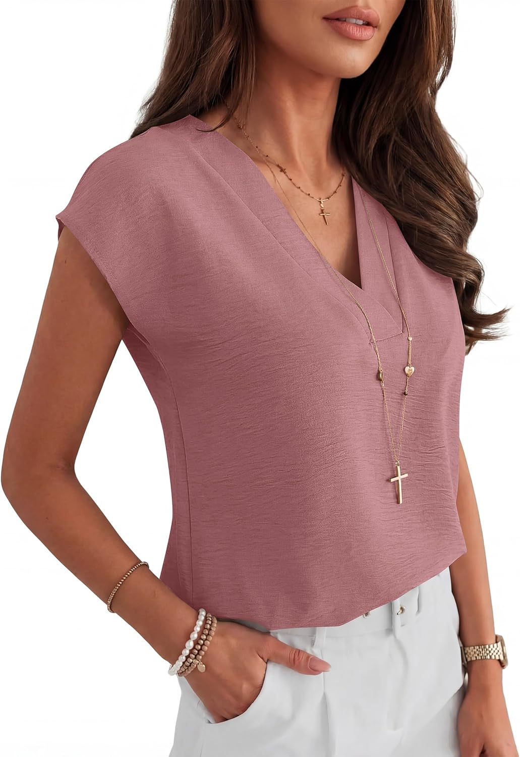 Thumbnail 4 de ANRABESS Women’s Cap Sleeve V-Neck Dressy Casual Tops (Loose Fit, 100% Polyester)