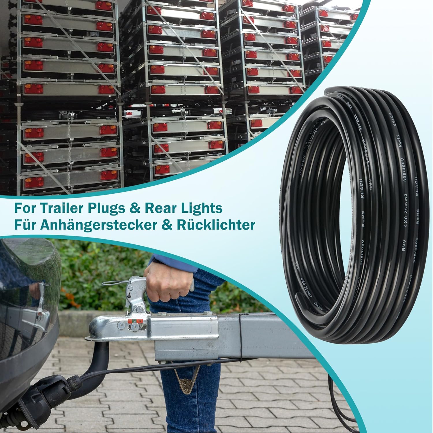Detalle 2 de DARKGUARD 4 Core Trailer Cable 0.75mm², 5M – 12V/24V LED Wiring for Trailers, Caravans and Outdoor use