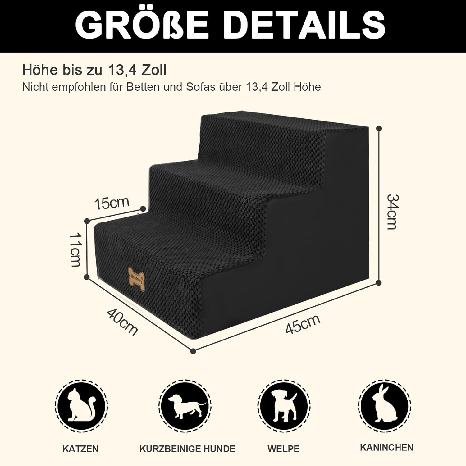 Thumbnail 3 de Nepfaivy Hundetreppe 3-stufig für kleine Hunde (45x40x34 cm) mit abnehmbarem, waschbarem Bezug und rutschfester Basis