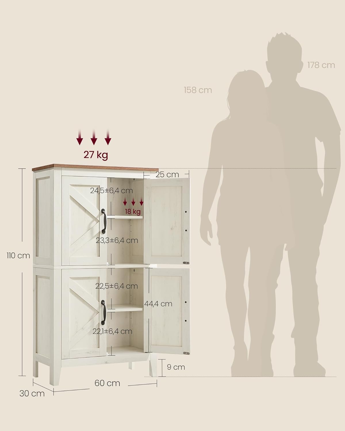Thumbnail 2 de VASAGLE Collezione LIRY BBK773W01 mobile da bagno/credenza farmhouse con ante e ripiani regolabili