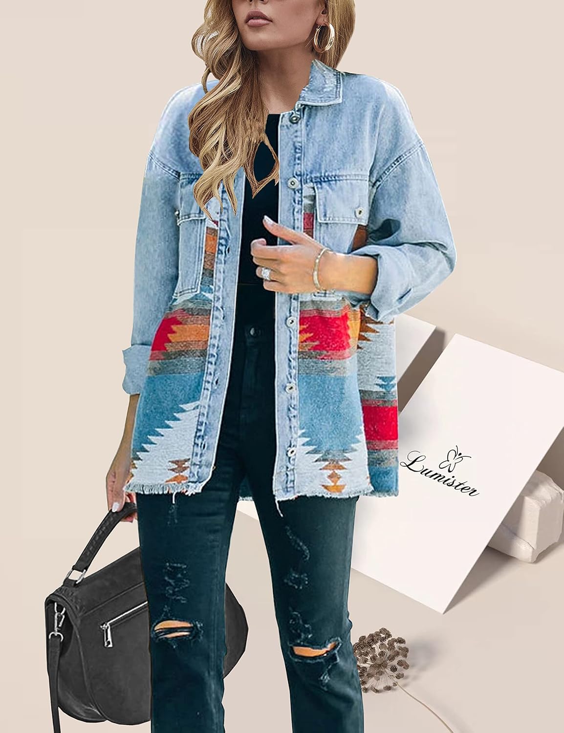 Detalle de Lumister Women’s Aztec Denim Jacket (Distressed Lapel, Long Sleeve Button-Down Shacket)