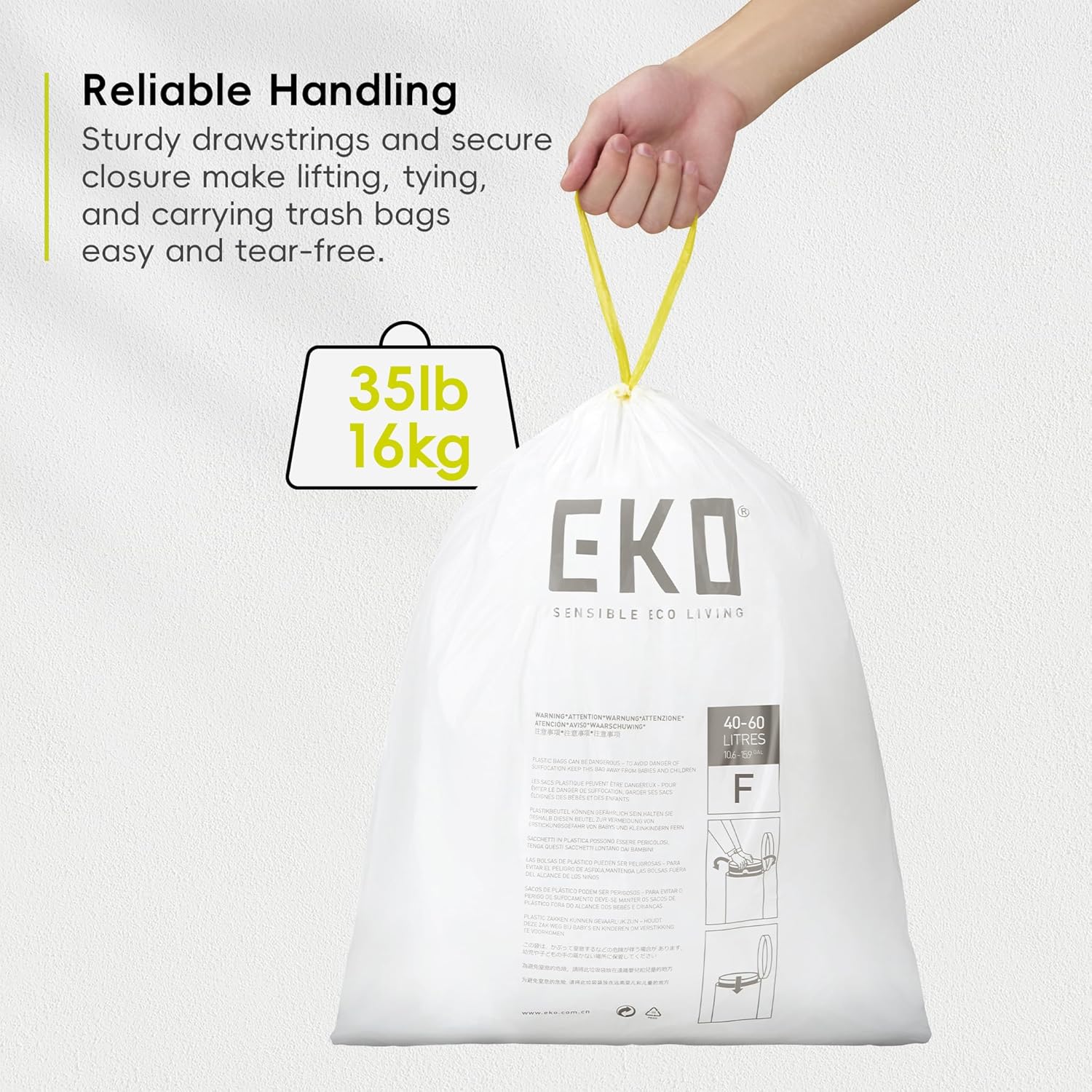 Thumbnail 3 de EKO Easy Dispense — Lot de 60 sacs poubelle extra résistants (40–60 L) avec cordon de serrage