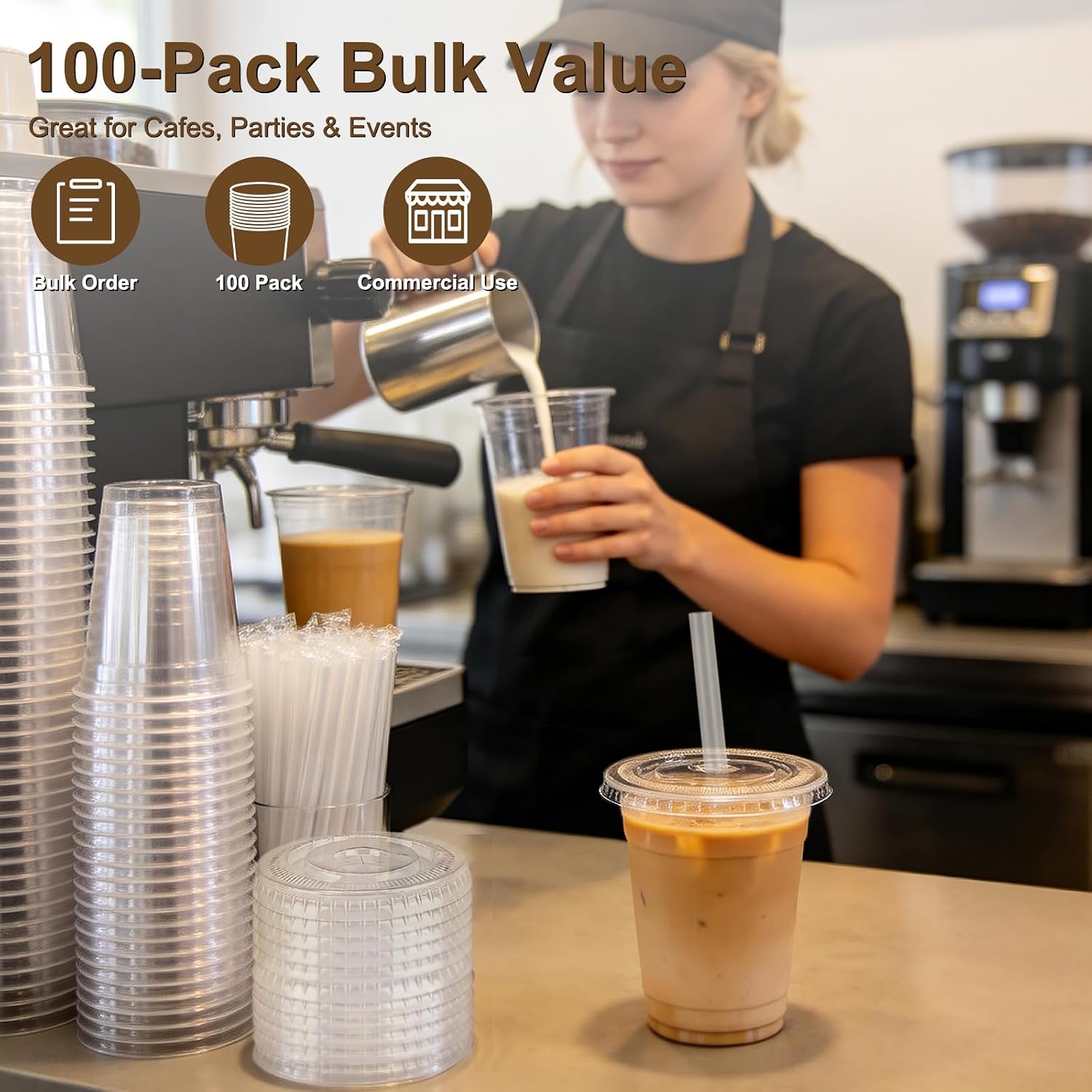 Detalle 2 de Lideropa 100 Pack 16oz Clear Plastic Cups with Lids and Straws