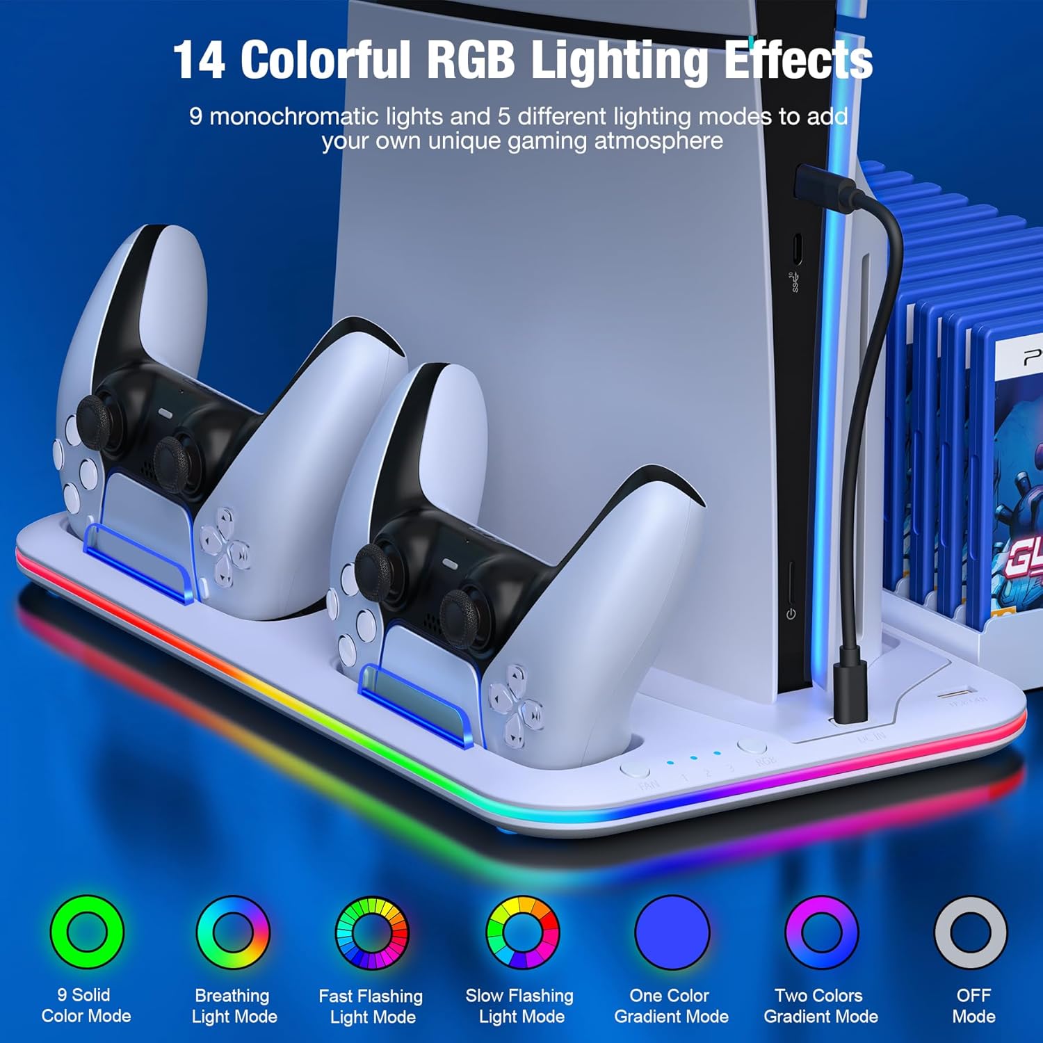 Detalle de PS5 Cooling Station with Dual Controller Charger and RGB — a practical all-in-one accessory