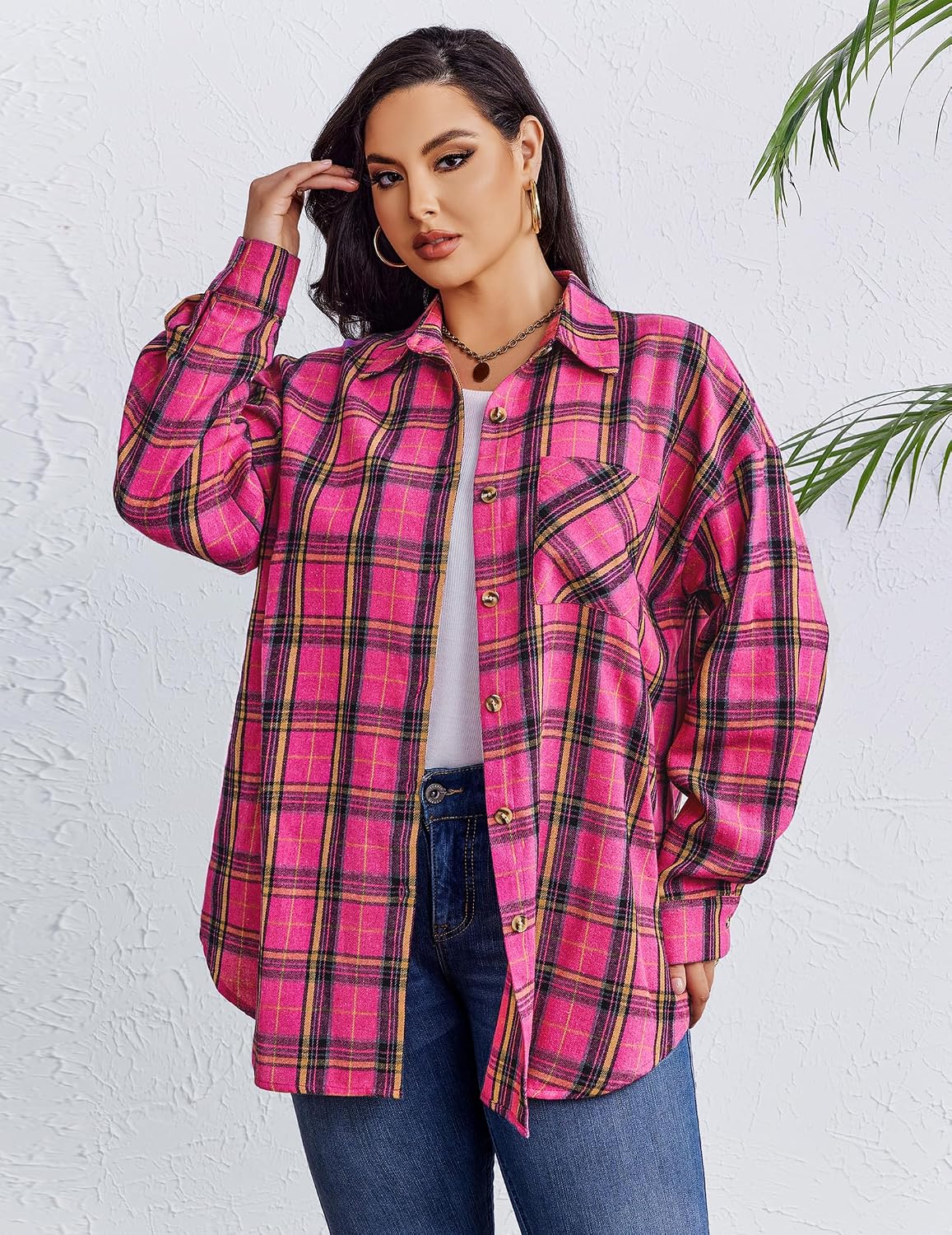 Detalle de IN'VOLAND Women's Plus Size Flannel Shirt, Long Sleeve Button-Down, Cotton Blend