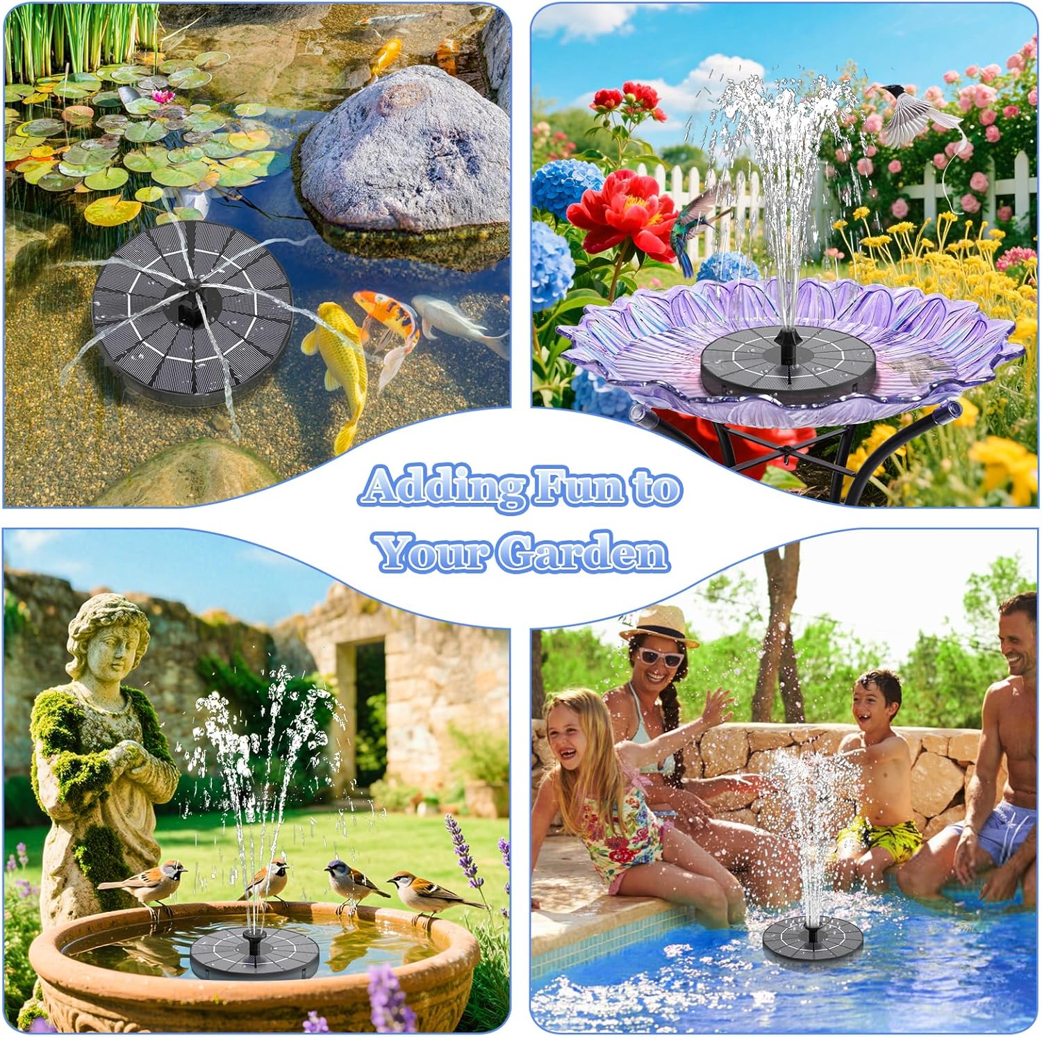 Detalle 2 de Solar Springbrunnen 2026 – 3,5 W Teichpumpe mit 2000 mAh Akku, 7 Düsen, 4 Rohrhalter und 8 Sprühmodi