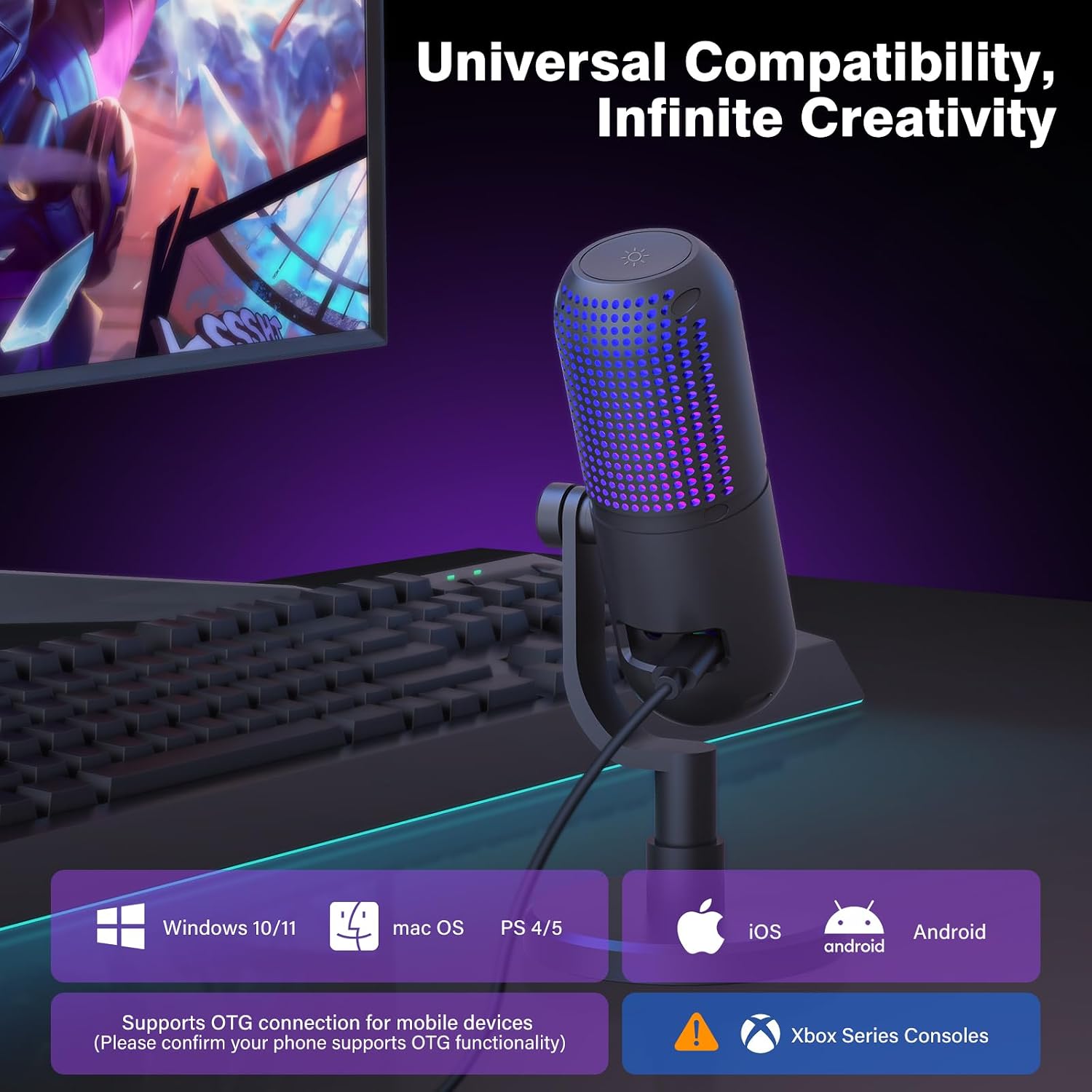 Detalle de BRIBAT BR-D68 USB Condenser Microphone with RGB Lighting and Mute Control