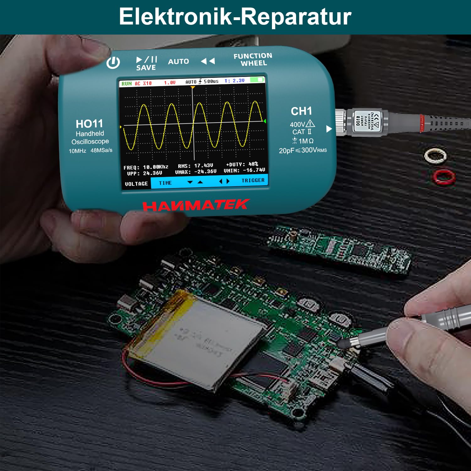 Detalle de HANMATEK HO11 Handheld-Digitaloszilloskop (10 MHz, 48 MSa/s) mit 2,8“-TFT und USB-Laden