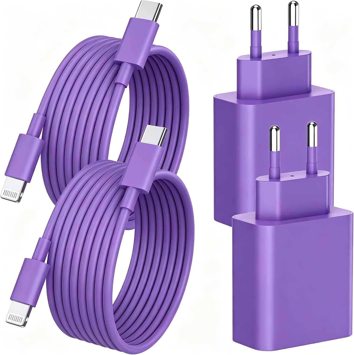 Detalle de Chargeur Rapide iPhone 14/13 Pro Max, 4-Pack | Chargeur mural USB-C PD 20W + Câble Lightning 2m (Apple MFi) violet